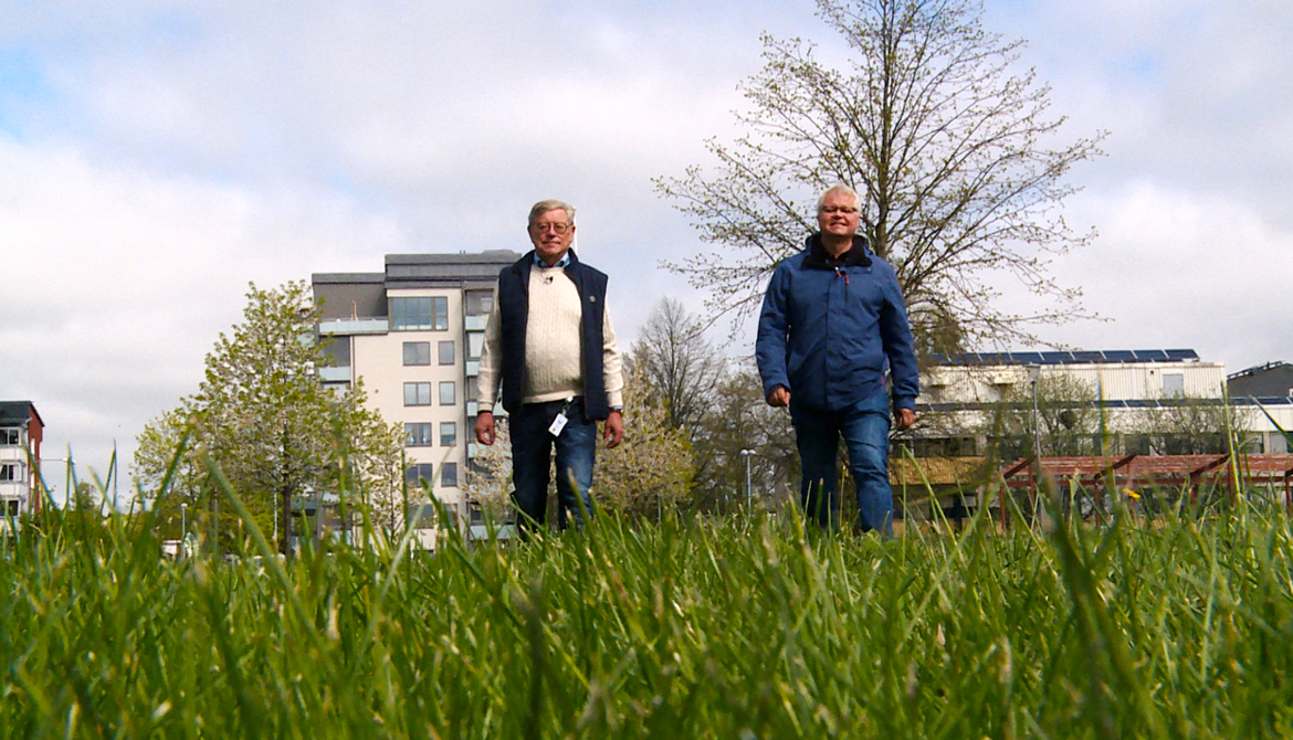 Två män (kommunalråden) går över gräset på Gröna torget. I bakgrunden ses ett höghus och kommunhuset.