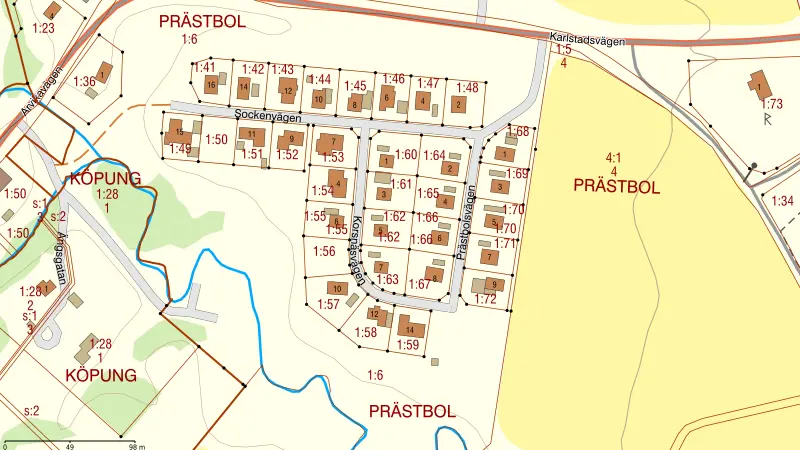 Karta över området Prästbol 1:50.