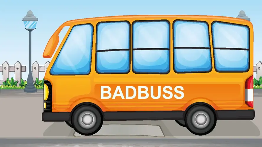 Gul tecknad buss med texten badbuss.
